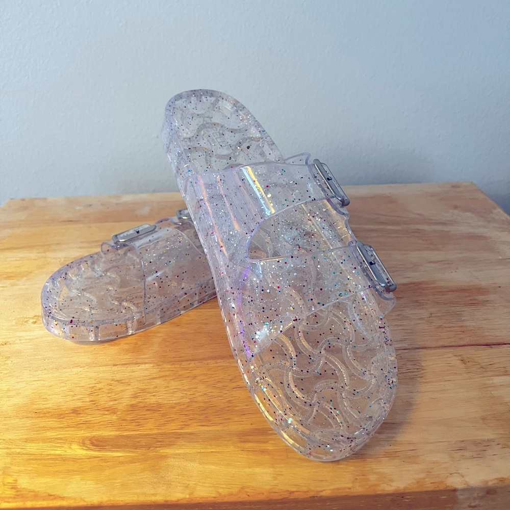 Jelly clear translucent glitter slides NEVER WORN Capelli NY